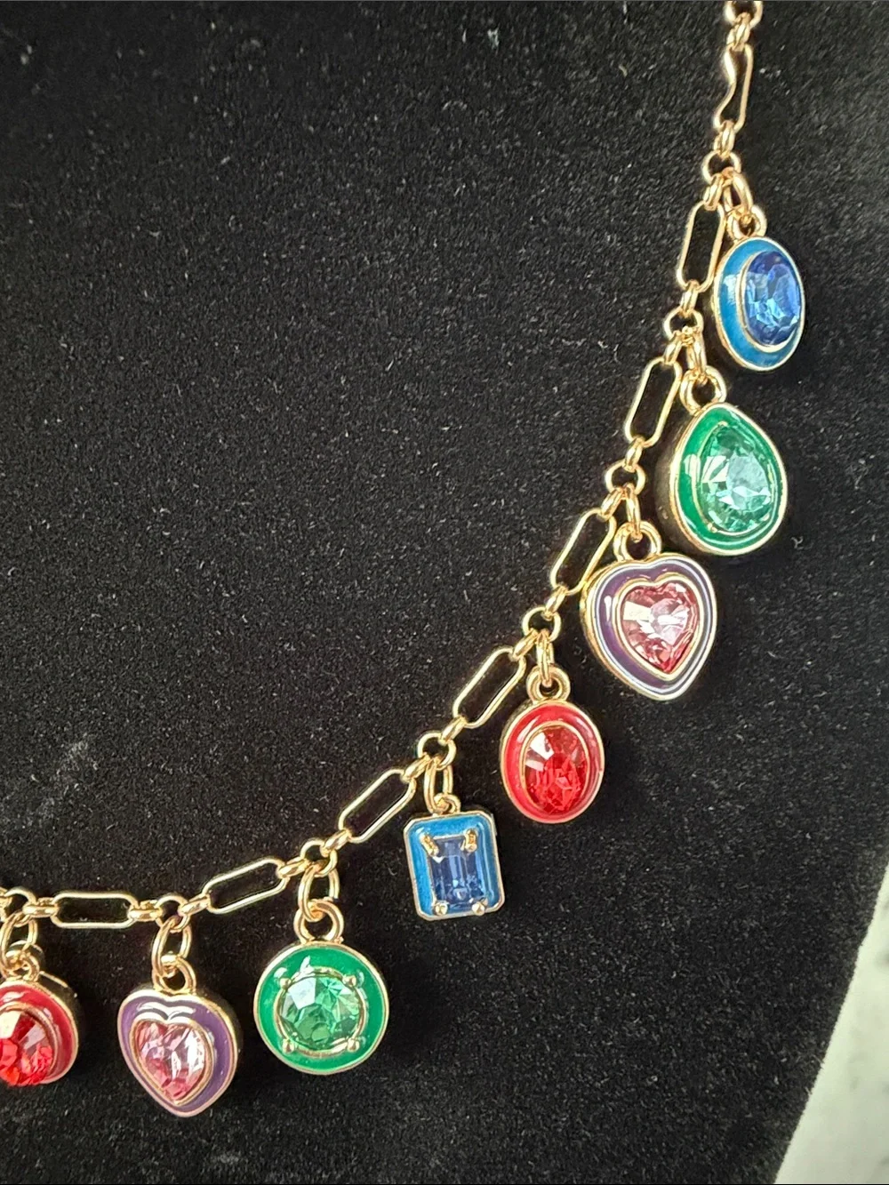Gold Charm Necklace with Multicolor Enamel Hearts and Gem Charms